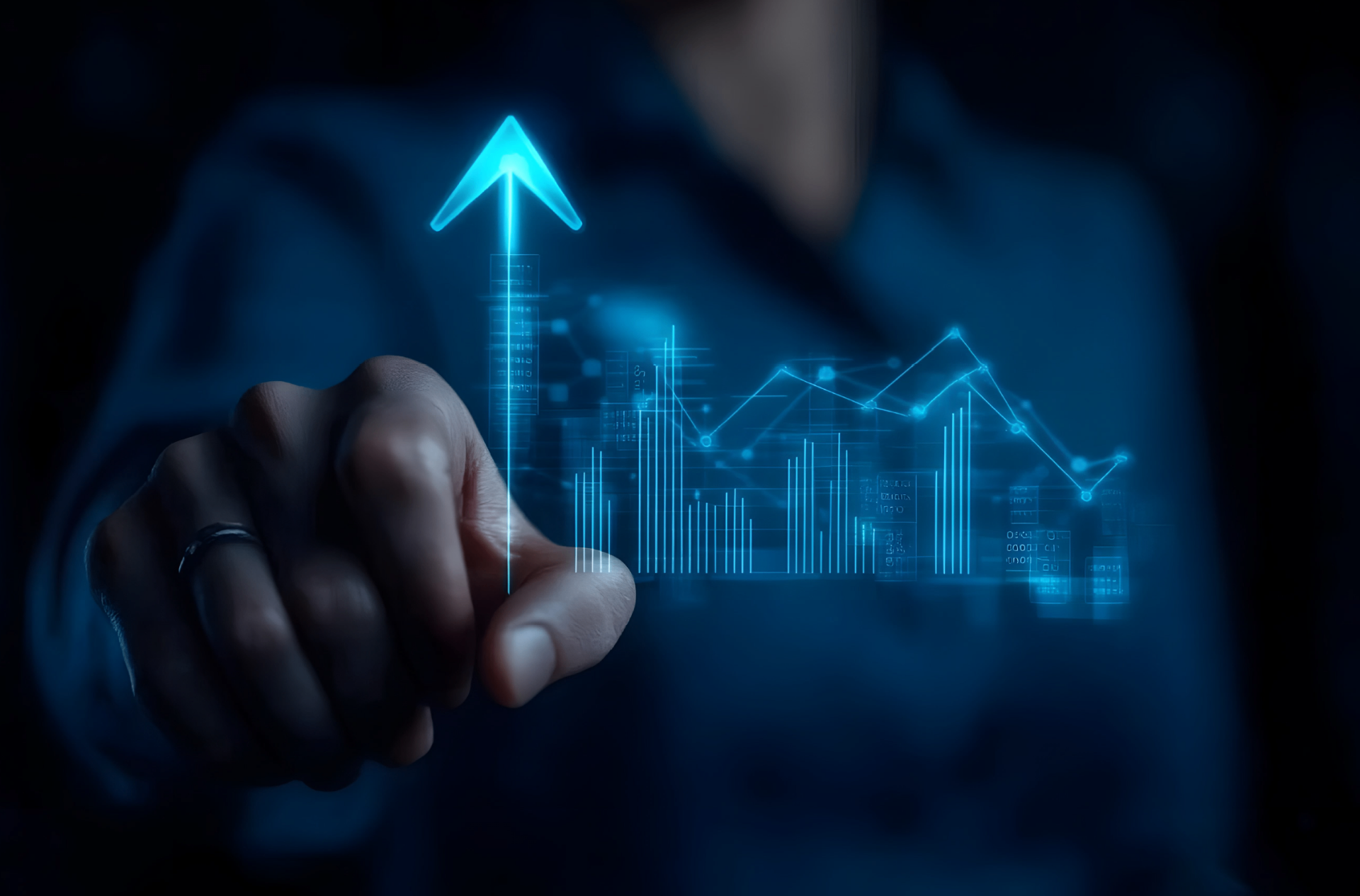 Business professional pointing to a glowing upward growth chart and arrow