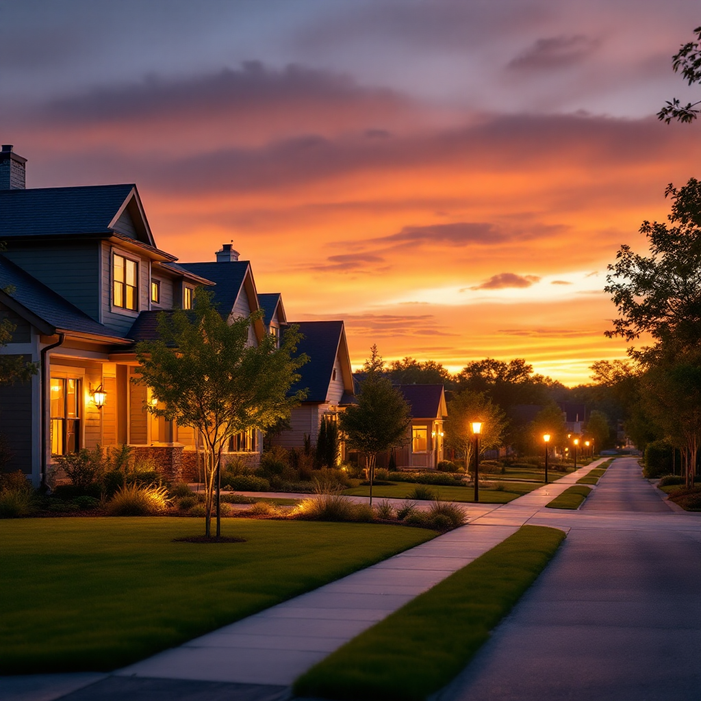 Beautiful suburban neighborhood at sunset with warm glowing homes and walking paths