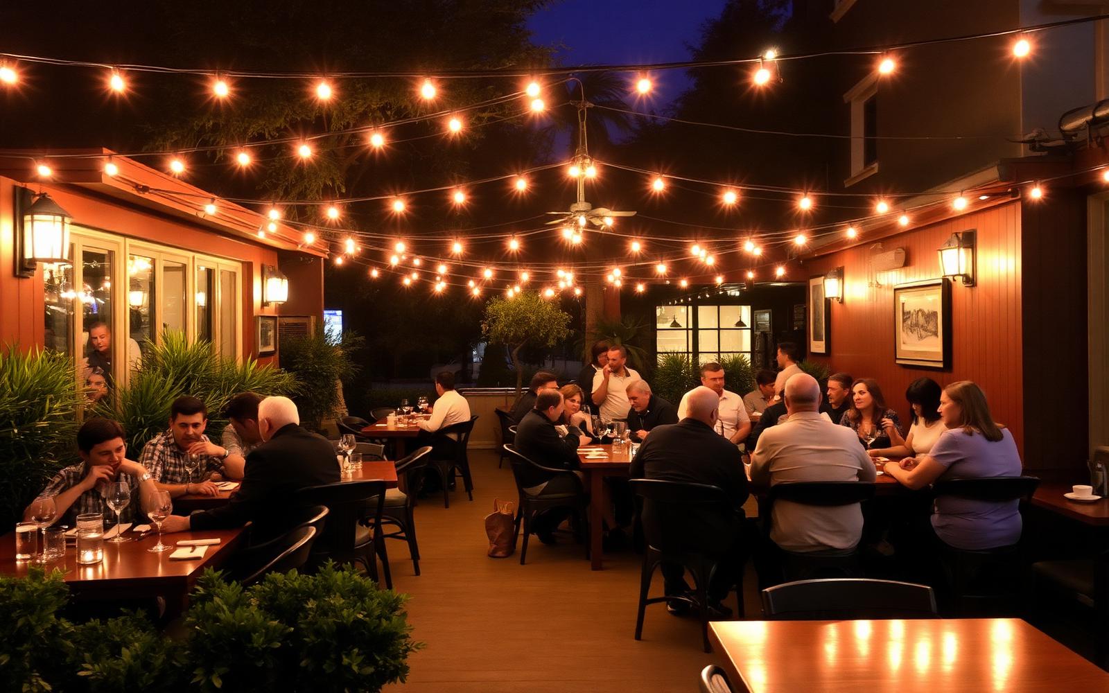 People dining at an outdoor restaurant with string lights