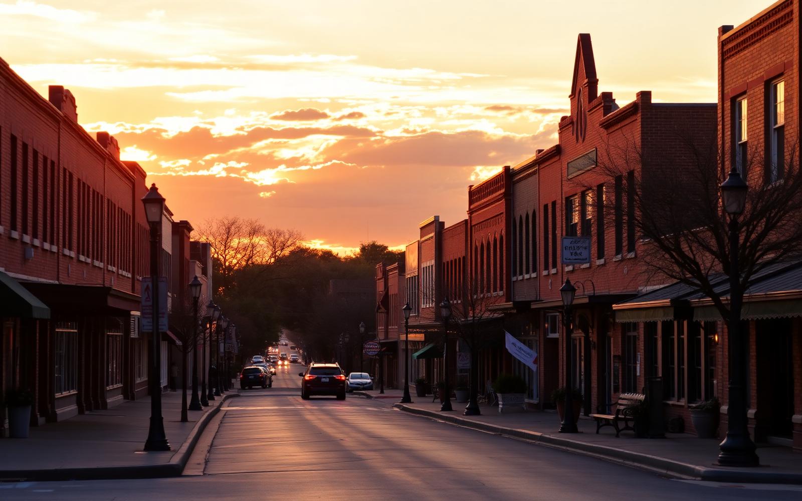 Historic downtown Leander street at sunset